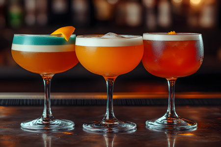 Three vibrant cocktails in classic coupe glasses sit on a dimly lit bar counter. each drink features distinct colors and garnishes, reflecting a sophisticated and inviting atmosphere perfect for social gatherings and cocktail enthusiasts. Generative AIの素材