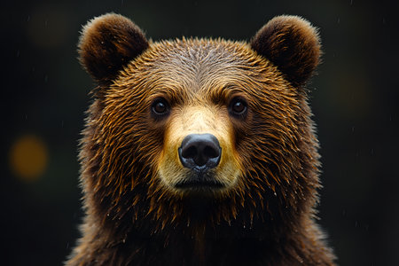 Intimate close-up of a brown bear with wet fur, set against a blurred dark forest background. the bear's alert expression highlights its captivating gaze and powerful presence, evoking a sense of strength and natural beauty. Generative AIの素材
