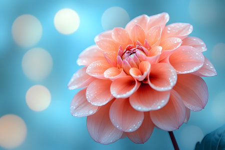 A vibrant dahlia flower with delicate dewdrops glistens against a serene blue bokeh background, capturing intricate petal details. perfect for nature-themed prints, posters, or digital designs. Generative AIの素材