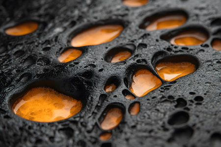 Close-up of a textured black surface resembling volcanic rock with glowing orange patches. highlights the contrast between smooth, molten areas and rugged textures, ideal for creative backgrounds, design projects, and abstract art. Generative AIの素材