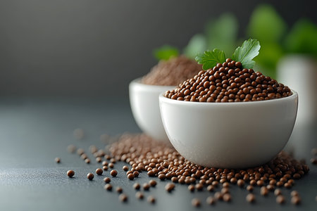 Organic brown lentils are artfully arranged in white bowls, accompanied by fresh parsley sprigs. the scene captures a clean and minimalistic setting ideal for promoting healthy eating and plant-based nutrition themes. Generative AIの素材