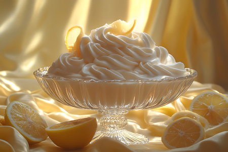 Creamy whipped topping gracefully swirled in an ornate glass dish, accented by fresh lemon slices. bathed in soft golden light, the luxurious dessert setting evokes elegance and culinary delight, perfect for gourmet presentations. Generative AIの素材