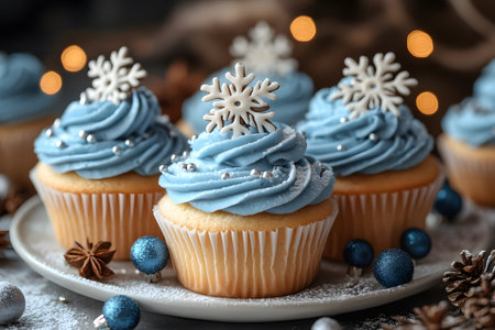 Delicious vanilla cupcakes topped with blue frosting and snowflake sugar decorations, ideal for winter holiday celebrations. accented with silver dragees, surrounded by festive ornaments and spices on a plate. Generative AIの素材