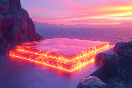 Futuristic concept featuring a luminous, elevated platform amidst rocky terrain by an ocean at sunset. the scene blends natural beauty with science fiction elements, showcasing vibrant lighting and serene water reflections. Generative AIの素材