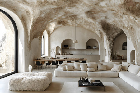 A sophisticated living room featuring a cave-inspired design with a minimalist touch. the room includes a plush white sofa, a central coffee table, natural stone textures, and large arched windows allowing ample natural light. Generative AIの素材