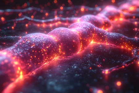 A captivating, glowing representation of a neural network with interconnected nodes and synapses. the vibrant, electric hues suggest dynamic energy and futuristic innovation, ideal for designs related to technology, ai, and neuroscience themes. Generative AIの素材