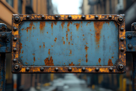Weathered metal sign with rust accents in an urban environment, ideal for vintage and industrial design themes. the textured steel and riveted corners convey a sense of history and rugged charm. Generative AIの素材