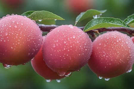 Ripe plums covered in morning dew hang from a branch with vibrant green leaves. the image highlights the lushness and freshness of the fruit, ideal for agricultural or nature-focused projects. Generative AIの素材