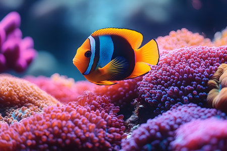 A bright clownfish swims through a colorful coral reef, showcasing a vibrant underwater ecosystem. the vivid hues of the coral and the fish highlight the diversity and beauty of marine life, emphasizing themes of biodiversity and conservation. Generative AIの素材
