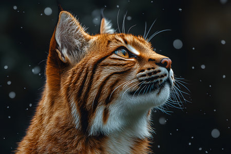 A bobcat gazes upward, surrounded by a gentle snowfall. its detailed fur and focused eyes are highlighted against a dark, blurred background. a winter wildlife scene emphasizing the beauty and elegance of this wild feline. Generative AIの素材
