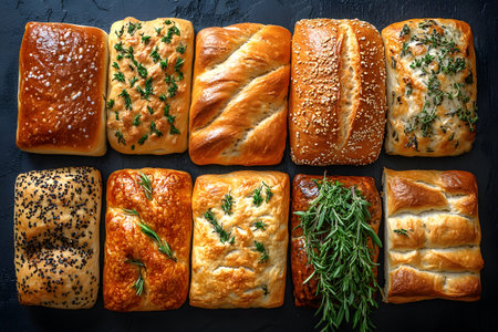 A vibrant selection of ten artisan bread loaves, artfully arranged on a dark surface. each loaf features unique toppings such as sesame seeds, fresh rosemary, and dill, showcasing a variety of textures and patterns perfect for culinary inspiration or bakery displays. Generative AIの素材