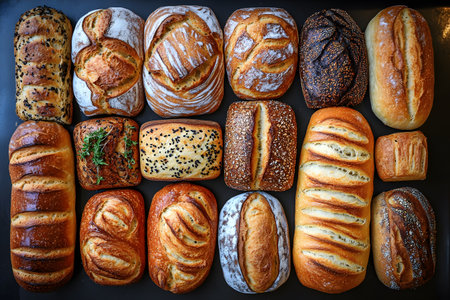 Variety of artisan bread loaves, featuring diverse shapes, textures, and toppings, captured from above. ideal for culinary design, bakery promotions, and food-related presentations. Generative AIの素材
