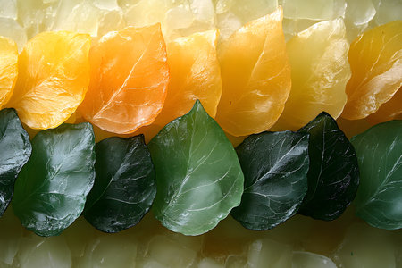 Artistic arrangement of colorful sugar leaves, featuring hues from yellow to dark green. the craftsmanship showcases layers and textures, perfect for confectionery decoration, autumn-inspired designs, or festive culinary presentation. Generative AIの素材