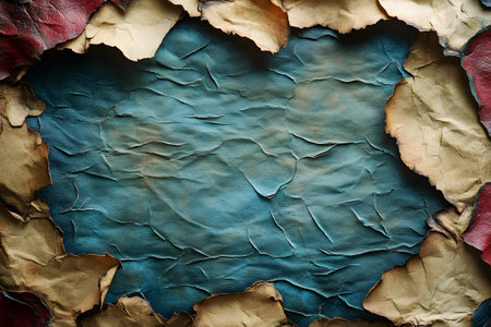 A textured background featuring layers of torn paper in earthy tones, creating a vintage and rustic look. ideal for graphic design, scrapbooking, or artistic projects seeking a worn, historical feel. Generative AIの素材