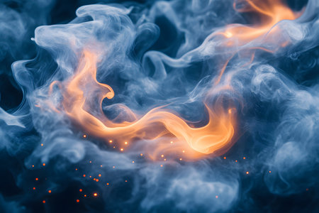 Abstract depiction of swirling fire and smoke, showcasing vibrant orange flames intermingling with wispy, dense smoke on a dark background. this image evokes feelings of energy, motion, and transformation, perfect for creative projects. Generative AIの素材
