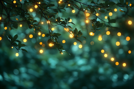 Warm string lights are delicately draped among lush green foliage, creating a serene and magical ambiance. the bokeh effect enhances the dreamy, inviting atmosphere, perfect for outdoor events or garden decorations. Generative AIの素材