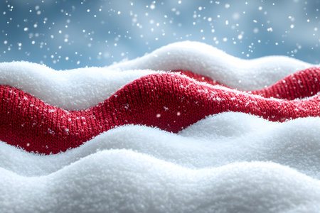Close-up of red and white knit fabric resembling snowy hills, evoking a cozy winter and christmas atmosphere. snowflakes gently fall against a soft blue background, enhancing the festive and serene mood. Generative AIの素材