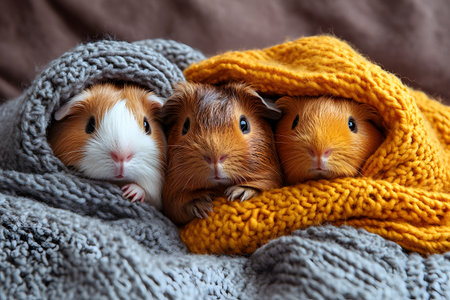 Three adorable guinea pigs wrapped snugly in knitted blankets showcase warmth and comfort. their cute expressions and colorful coverings create a heartwarming scene ideal for pet care themes and cozy concepts. Generative AIの素材