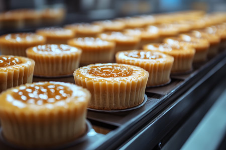 Cheesecakes topped with rich caramel glaze are neatly arranged on trays in a contemporary bakery. the treats showcase a glossy finish, capturing an atmosphere of indulgence and meticulous craftsmanship. Generative AIの素材
