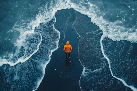 A solitary person in an orange jacket walks across a dramatic black sand beach, navigating between two dynamic ocean waves. the contrasting colors of the vivid jacket and the surrounding natural elements create a striking visual scene. Generative AIの素材