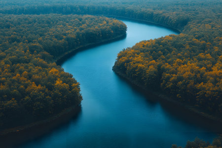 Tranquil aerial view of a winding river gently curving through a dense forest adorned in autumn colors. the peaceful scene highlights the harmony of nature, perfect for projects centered on tranquility, exploration, and natural beauty. Generative AIの素材
