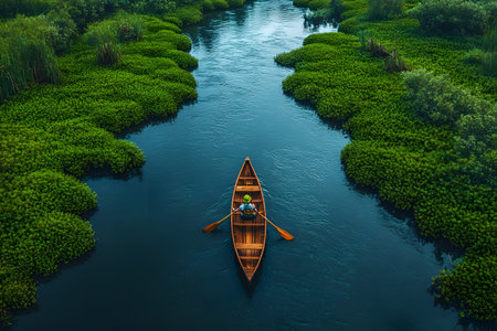 Overhead view of a lone person in a wooden rowboat navigating through lush, green marshlands. the serene waterway, bordered by dense vegetation, creates a peaceful and idyllic setting. Generative AIの素材