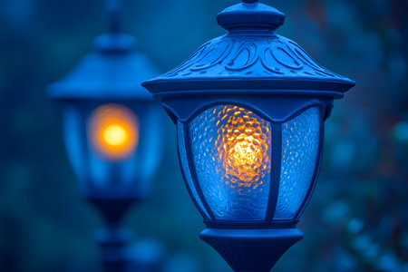 Two vintage lanterns cast a warm amber glow against a cool, misty evening backdrop. the intricate design and textured glass create an enchanting contrast with the surrounding soft blue tones, evoking a sense of nostalgia and tranquility., Generativeの素材