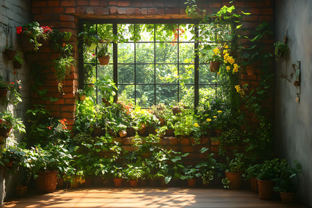 A serene indoor setting features vibrant green vines and plants cascading over a rustic brick wall, beautifully framed by a sunlit window. this lush interior space blends natural beauty with warmth and tranquility., Generativeの素材