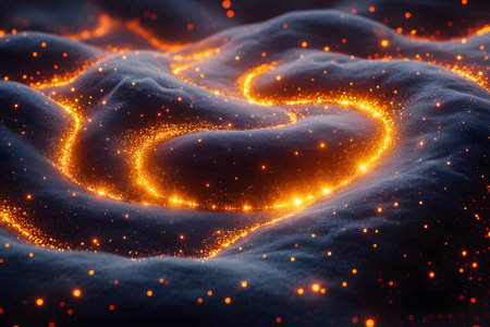 Abstract representation of glowing cosmic pathways weaving through a futuristic landscape. bright, illuminated trails create a mesmerizing, otherworldly atmosphere, ideal for digital art and science fiction themes., Generativeの素材