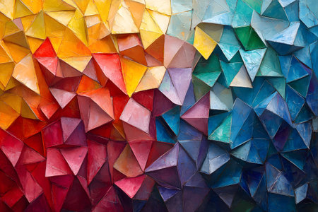 A vibrant abstract artwork featuring a dynamic array of triangular shapes in a spectrum of colors from warm reds and yellows to cool blues and greens. this geometric mosaic offers a visually stunning design, ideal for modern decor and artistic inspiration., Generativeの素材