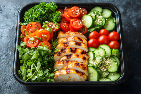 Balanced meal prep box featuring grilled chicken breast, arranged with fresh cherry tomatoes, cucumber slices, broccoli, and leafy greens. ideal for maintaining a healthy lifestyle or diet plan with colorful, nutritious ingredients., Generativeの素材