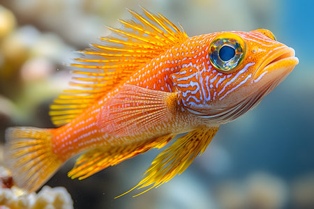 Colorful orange fish with striking patterns swims through a coral reef, showcasing the vibrant undersea ecosystem. detailed textures and vivid colors highlight the beauty of marine wildlife in its natural habitat., Generativeの素材
