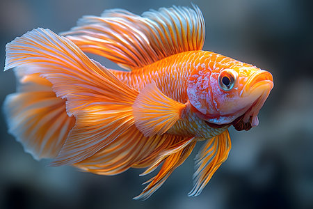 Stunning photograph of a vibrant orange betta fish gliding through water, showcasing its flowing fins and intricate details. a perfect piece for aquatic enthusiasts or as artistic home decor underwater life., Generativeの素材