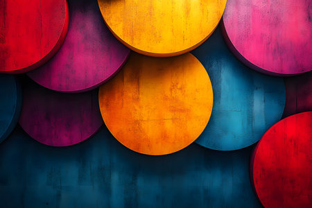 Vivid geometric circles in bold hues of red, orange, and purple create a striking contrast against a textured blue wall. ideal for modern art design, this abstract composition enhances visual interest and creativity in any space., Generativeの素材
