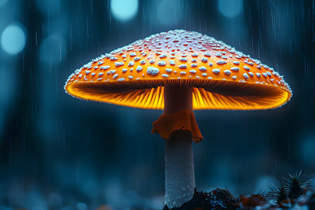 A luminescent mushroom glows under raindrops in a mystical forest setting. the vibrant orange cap with white spots stands out against a dark, blurred background, creating a magical, serene atmosphere., Generativeの素材