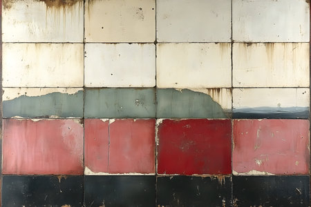 An abstract arrangement of weathered panels displaying a mix of cream, gray, red, and black tones. each panel has distinct textures and wear patterns, providing a harmonious blend of rustic and modern aesthetics., Generativeの素材