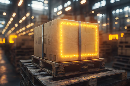 Cardboard box equipped with glowing led lights resting on a wooden pallet in a spacious warehouse setting. the scene highlights aspects of modern logistics, tracking technology, and innovative shipping solutions within a well-organized distribution environment., Generativeの素材