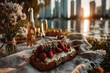 Riverside picnic set against a city skyline at sunset, featuring gourmet brunch items like strawberry-topped toast, champagne, and floral arrangements on a cozy blanket, capturing a serene and romantic atmosphere. Generative AIの素材
