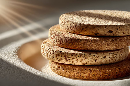 A stack of round cork coasters bathed in warm sunlight, their natural texture. ideal for eco-friendly home and kitchen decor, the scene emphasizes sustainability and rustic charm within a cozy setting. Generative AIの素材