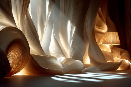 Soft light filters through elegantly flowing drapes, casting gentle shadows in a serene interior. a warm, glowing lamp adds a cozy atmosphere, enhancing the peaceful ambiance and the textured fabric. Generative AIの素材