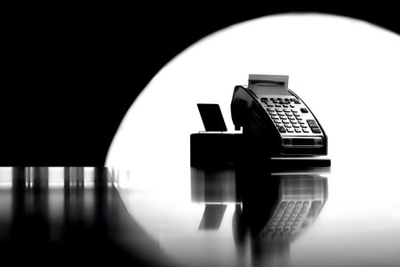 Silhouetted against a white background, a modern cash register exudes sophistication in a minimalist black and white theme. its sleek design and reflective surface make it ideal for contemporary retail environments. Generative AIの素材
