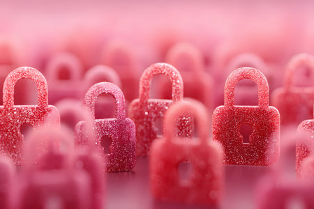 A collection of red and pink candy locks symbolizes security in a playful, sweet manner. the colorful locks, adorned with sugar crystals, create an engaging metaphor for protection or love, ideal for valentine's day graphics. Generative AIの素材