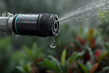 Automatic sprinkler system in action during rainfall, water conservation and irrigation efficiency in a lush garden setting. raindrops add a natural touch to this practical gardening solution. Generative AIの素材