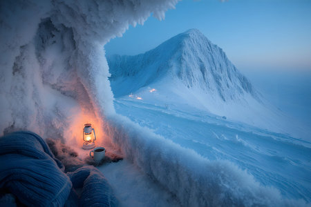 A serene winter scene of a snow-covered mountain with a cozy nook inside an icy cave. a warm blanket, glowing lantern, and cup provide a perfect setting for adventure and relaxation amidst the icy wilderness. Generative AIの素材