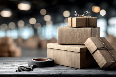 Brown paper-wrapped gift boxes stacked with twine bows atop a wooden surface. accompanied by tape and scissors, set against a blurred background, ideal for holiday or event gift-giving themes. Generative AIの素材