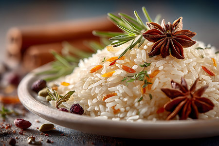 Gourmet rice dish elegantly presented with star anise and rosemary sprigs. the composition includes cinnamon sticks and a blend of herbs and spices, creating an inviting and aromatic culinary scene perfect for food enthusiasts. Generative AIの素材