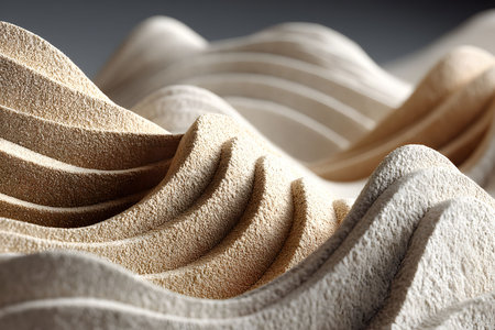 A close-up view of intricately shaped sand waves, showcasing textured ridges and smooth curves. perfect for creative backgrounds, art designs, or concepts focused on nature and abstraction. Generative AIの素材