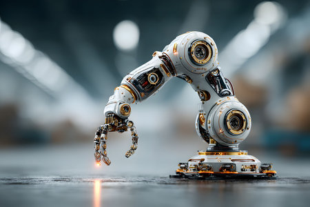 A high-tech robotic arm with intricate details illuminated by ambient lighting, representing advanced technology in an industrial environment. highlights precision engineering and the future of automation and industry. Generative AIの素材