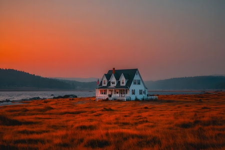 A serene countryside house set amidst a vast field, bathed in the vibrant hues of a breathtaking sunset. the tranquil lakeside location enhances the peaceful, isolated charm of this scenic landscape. Generative AIの素材