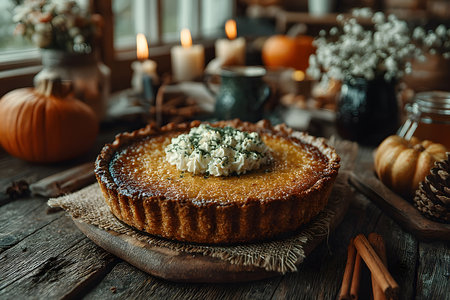 A rustic pumpkin pie garnished with a lush dollop of whipped cream, set on a wooden table surrounded by autumn decorations like pumpkins, candles, and flowers. warm lighting enhances the cozy, seasonal atmosphere, perfect for a festive thanksgiving setting. Generative AIの素材